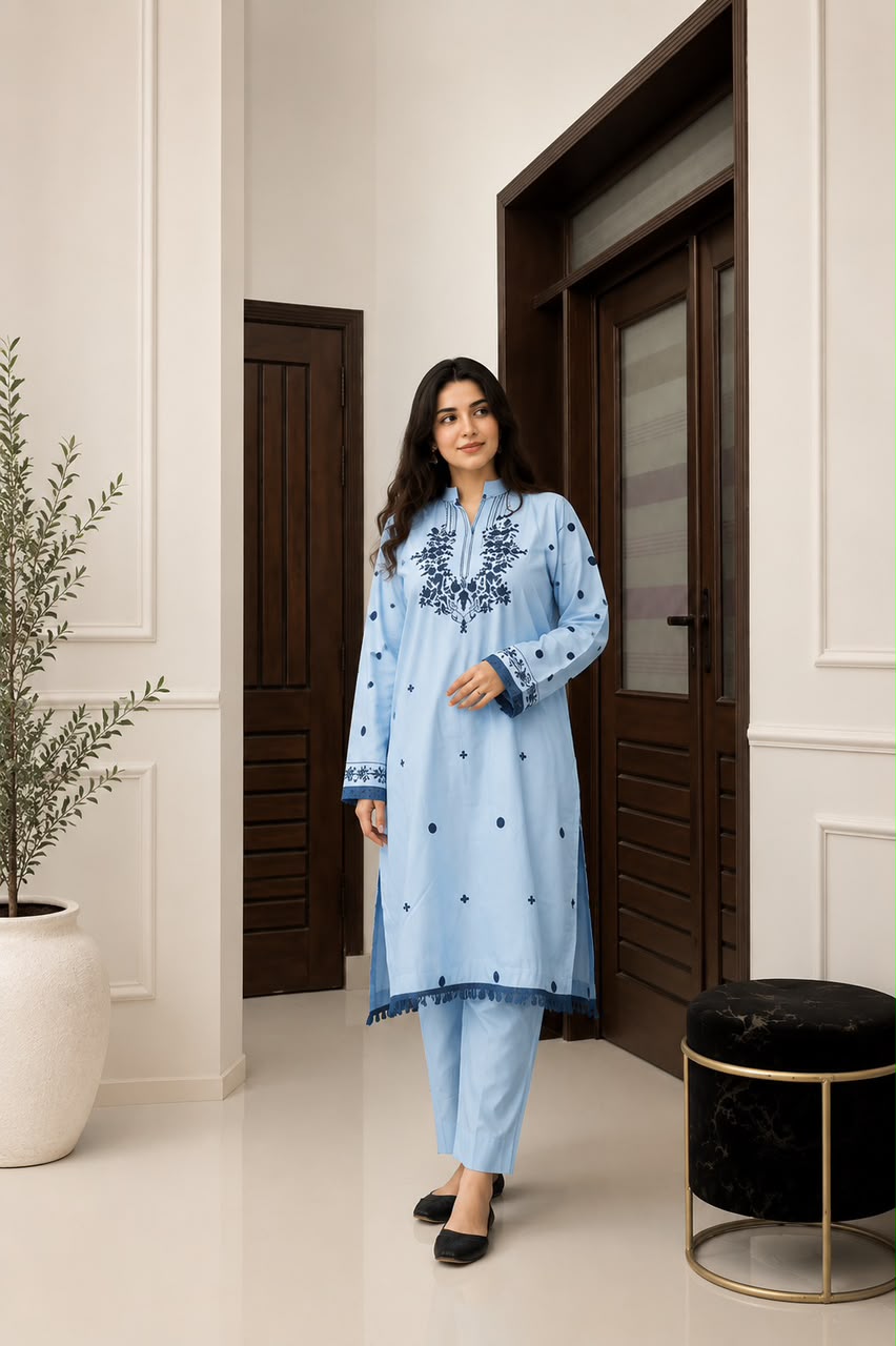 Azure sky blue embroidered lawn kurta for women by ZAMANA